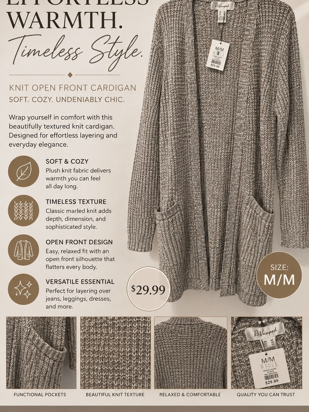 Revamped Marled Open Front Cardigan - Gray